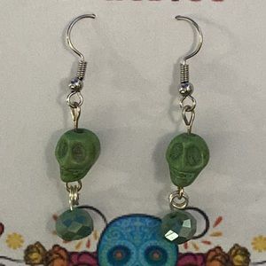 Handmade Green Skull Earrings with bead dangle